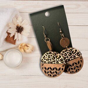 Leopard Chic: Round Wooden Dangle Earrings